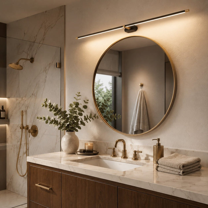 Minimalist linear LED wall sconce lighting up a modern hallway