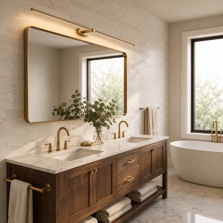 Modern gold linear wall lamp installed above a large bathroom mirror and vanity
