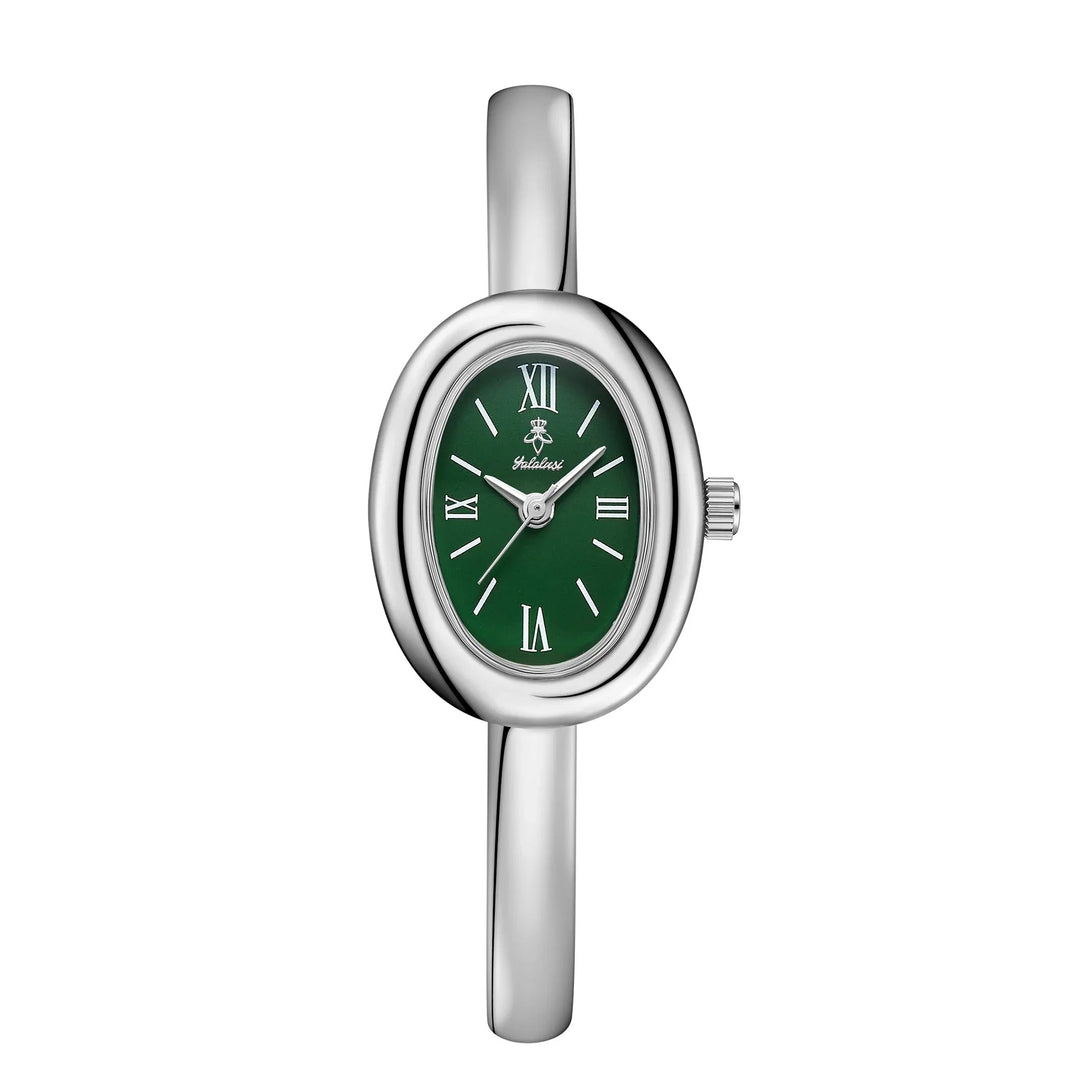 Silver minimalist women watch with green oval dial and metal strap