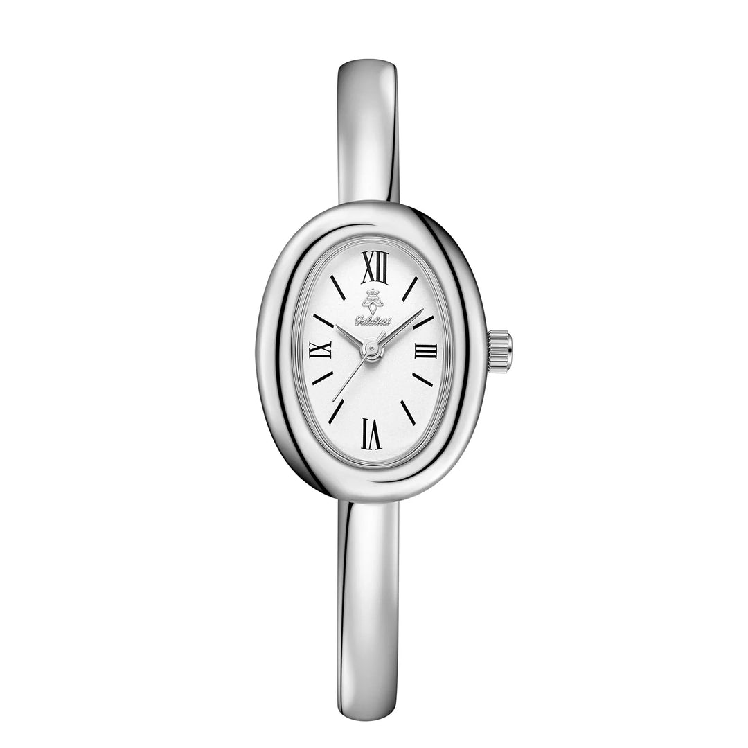 Silver minimalist women watch with white oval dial and metal strap