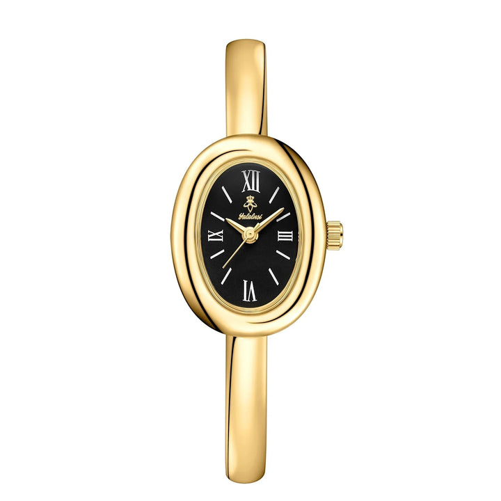 Gold minimalist women watch with black oval dial and metal strap