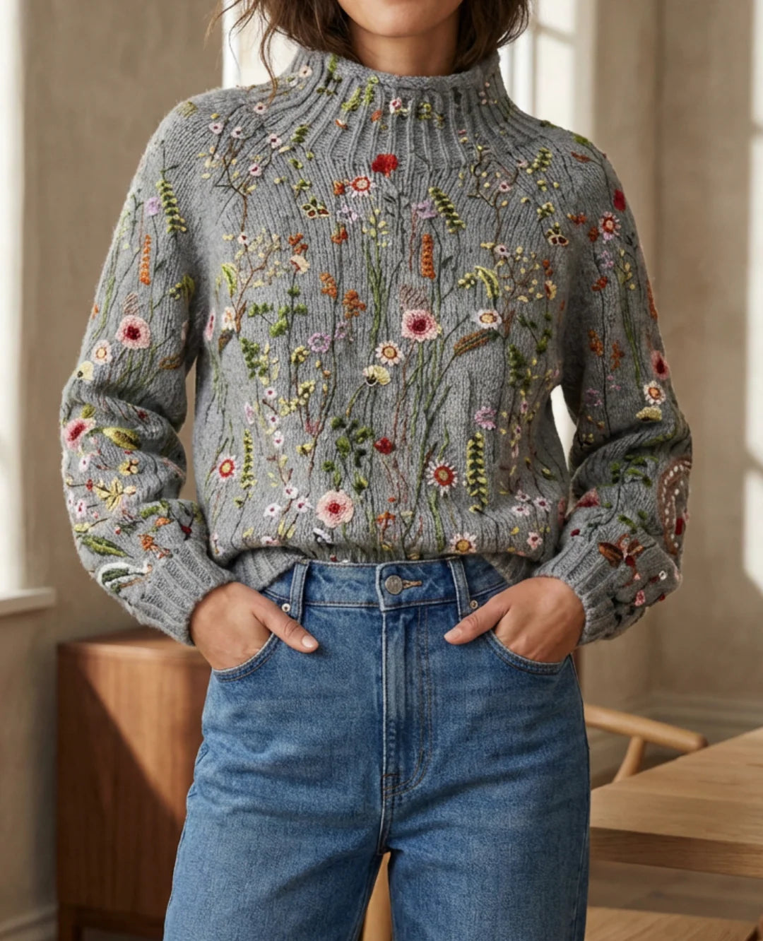 Rosey | Women’s Floral Mock Neck Long Sleeve Sweater