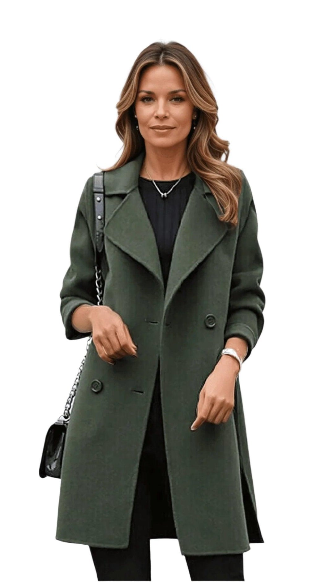 Woman wearing an olive green double-breasted trench coat