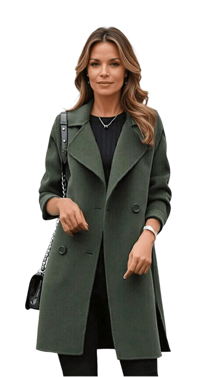 Woman wearing an olive green double-breasted trench coat