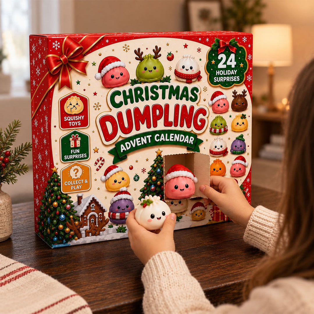 Child opening a door on the Christmas dumpling advent calendar to reveal a squishy toy.