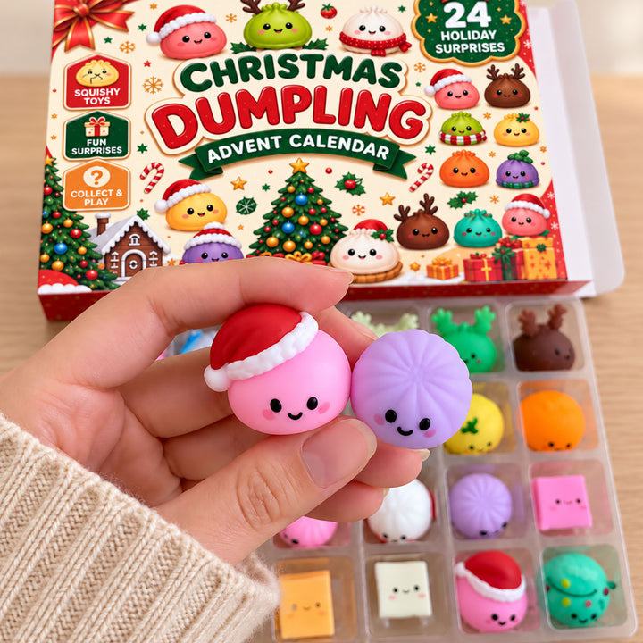 Close-up of hands holding cute holiday-themed squishy dumpling toys from the calendar.