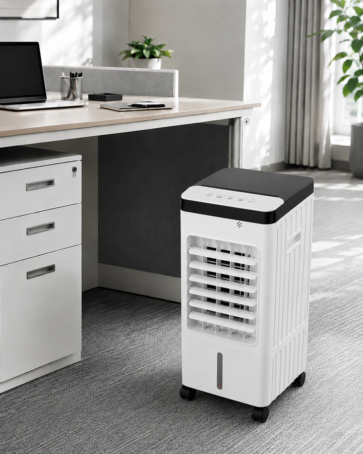 Compact mobile air conditioner standing in a bright home office setup