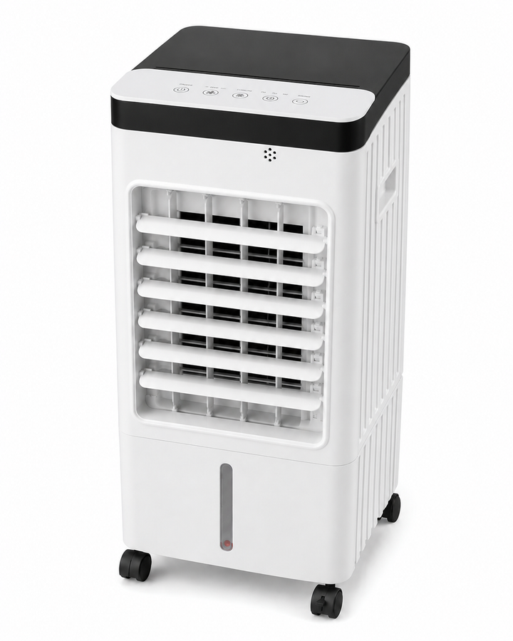 Studio shot of white mobile air conditioner unit with control panel