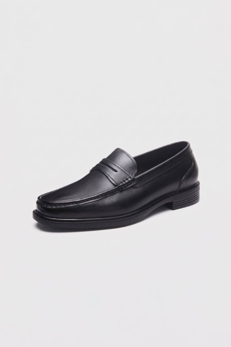 Men's classic black slip-on loafers with visible stitching