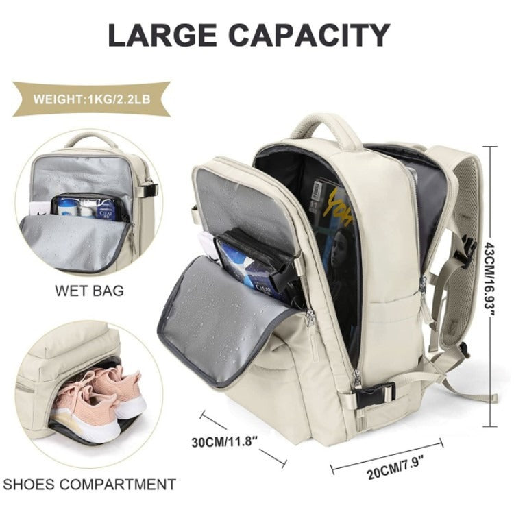 Product overview showing large capacity, wet bag, and shoe compartment