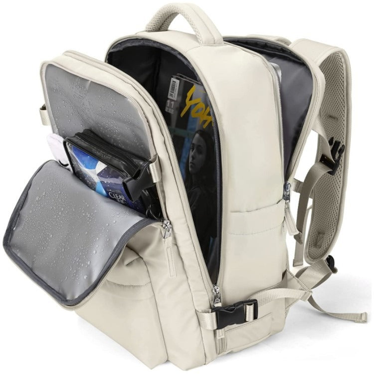 Unisex waterproof travel backpack side profile showing sleek commuter bag design