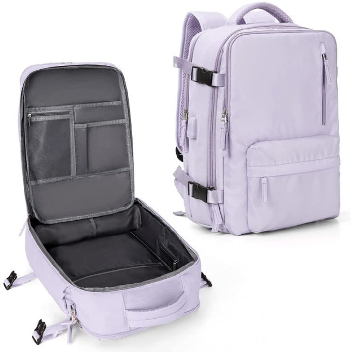 Commuter bag side mesh pocket holding a water bottle securely
