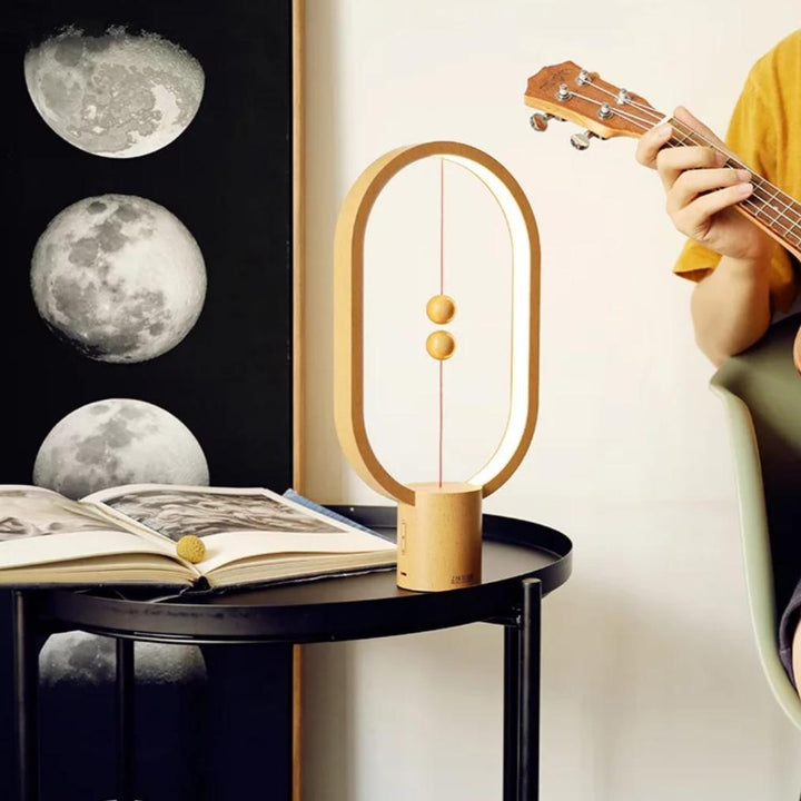 Innovative magnetic lamp demonstrating its floating ball switch feature in a contemporary setting.