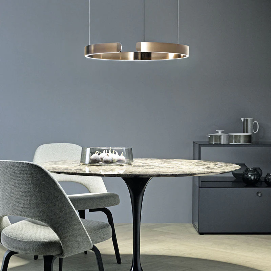 HaloRing modern circle LED pendant light installed in a contemporary dining room