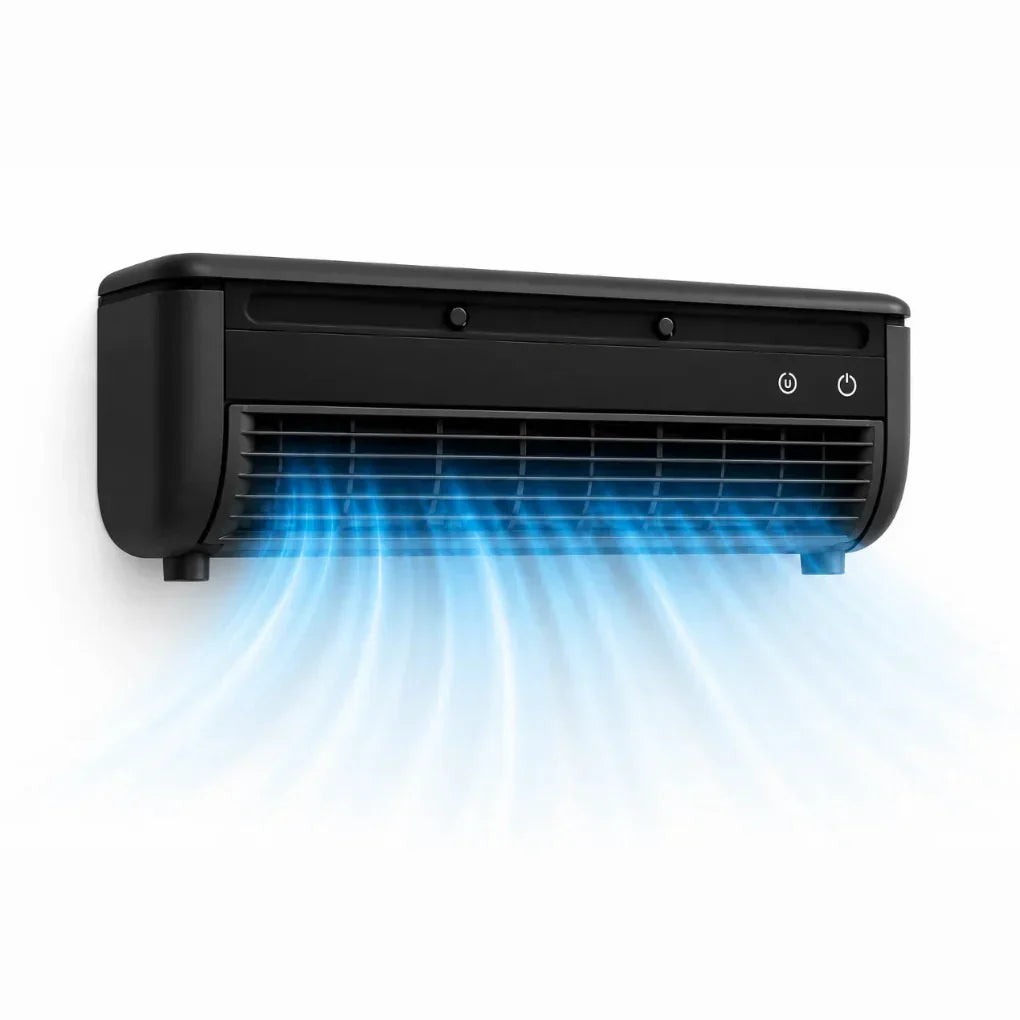 Modern compact wall air conditioner in black finish showing powerful airflow