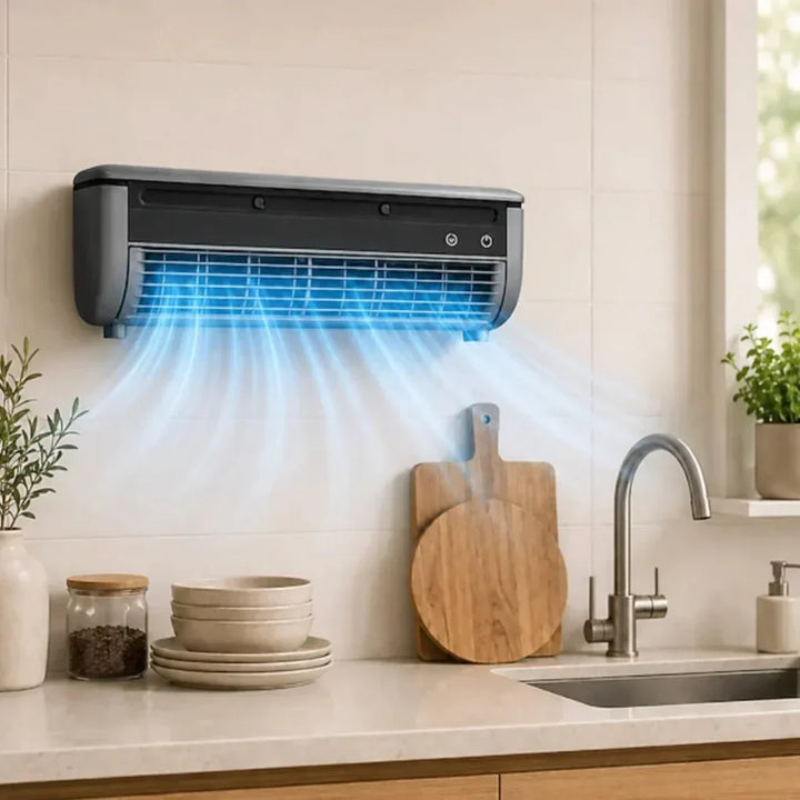 Modern compact wall air conditioner installed above a kitchen counter