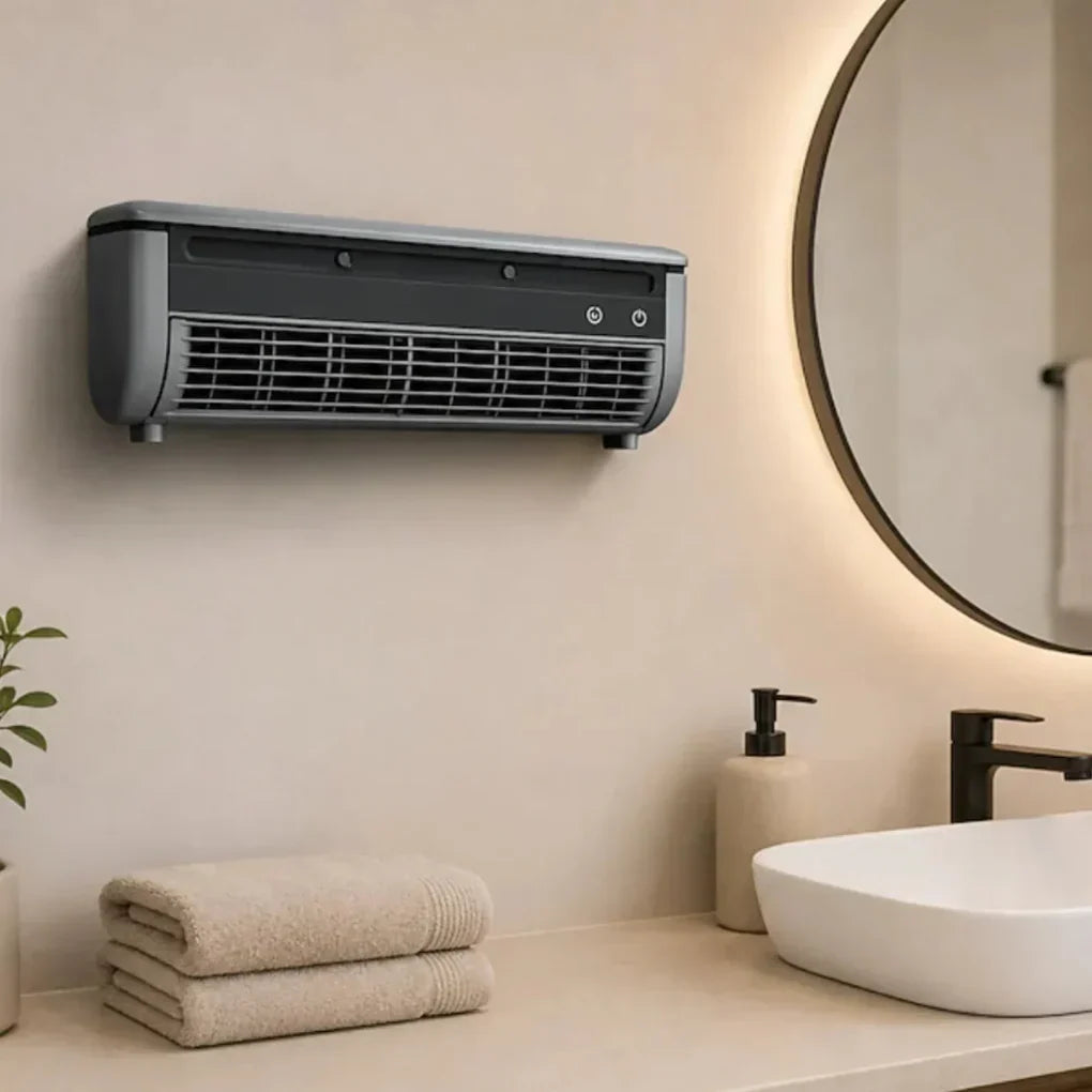 USB powered portable cooling wall air conditioner unit operating in a minimalist home office.