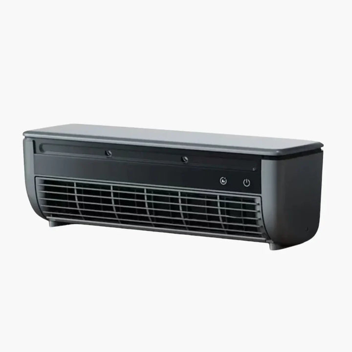 Sleek compact AC home appliance showing digital control display and directional airflow louvers.