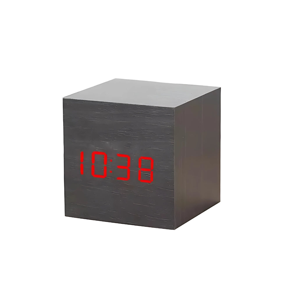 Modern cube LED digital alarm clock in slate gray showing time in red digits