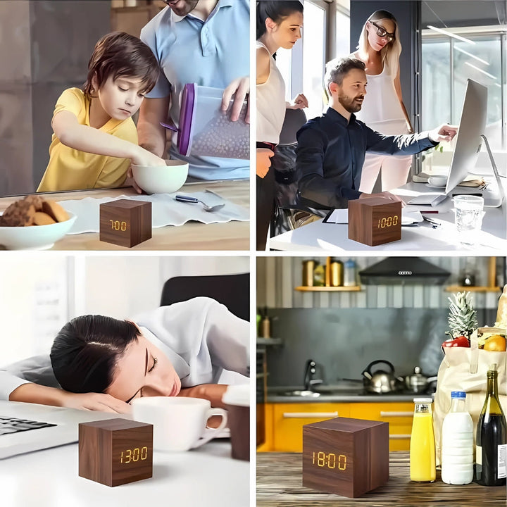 Stylish wooden desk clock featuring contemporary cube design and clear display