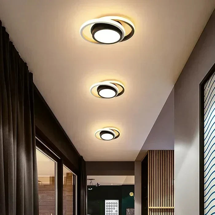 Detailed shot of the energy efficient LED ceiling lamp diffusing warm white illumination