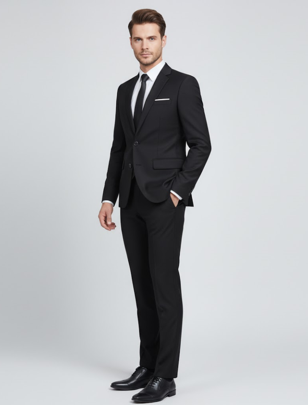 Man wearing a black modern fit two-piece suit with white shirt and dark tie