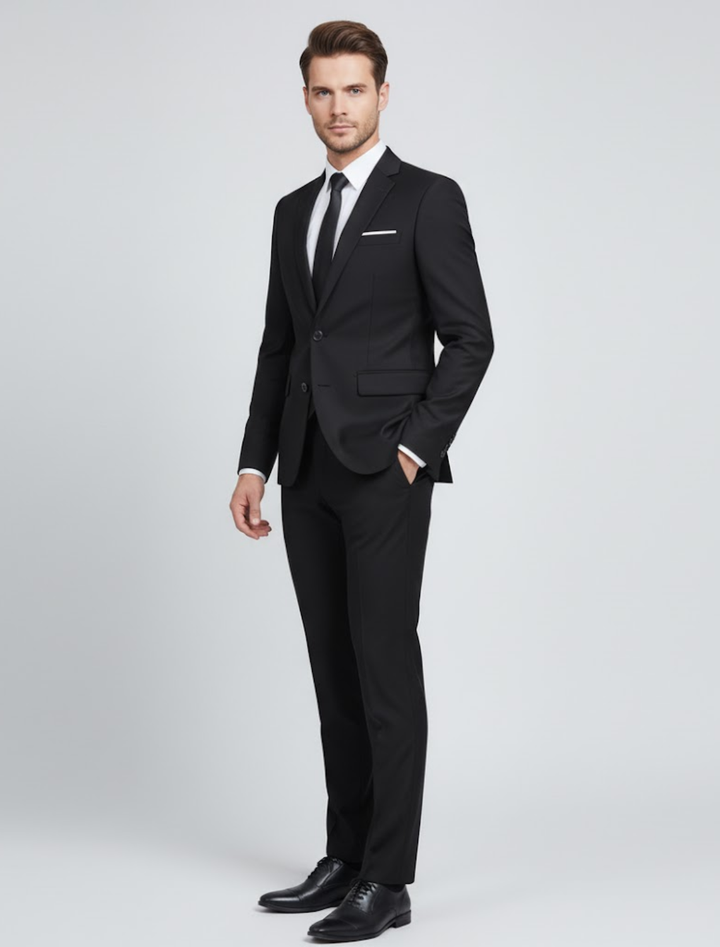 Man wearing a black modern fit two-piece suit with white shirt and dark tie