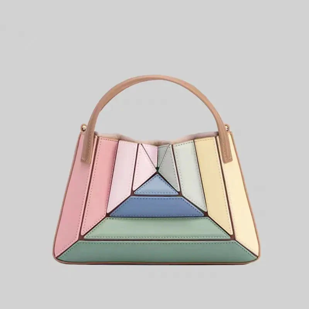 Durable top handles and hardware details on the colorful womens bag