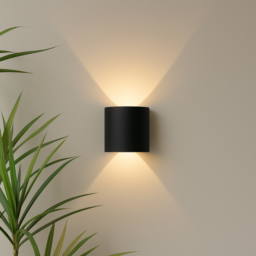 Modern black LED wall light mounted on a beige wall next to green leaves