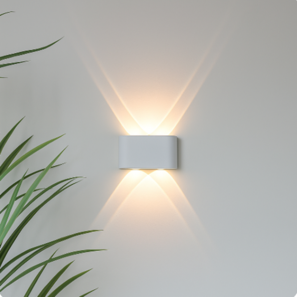 Modern LED wall light mounted on an exterior wall showcasing weatherproof outdoor lighting design