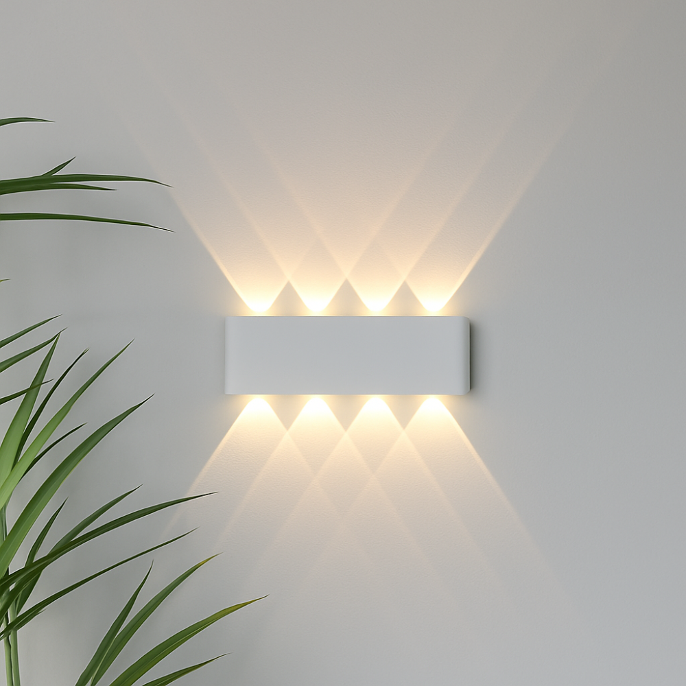 Energy efficient LED wall light illuminating a dark patio pathway for safety and style