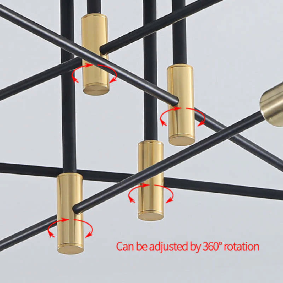Close-up of the adjustable golden joints and black metal rods on the ceiling light