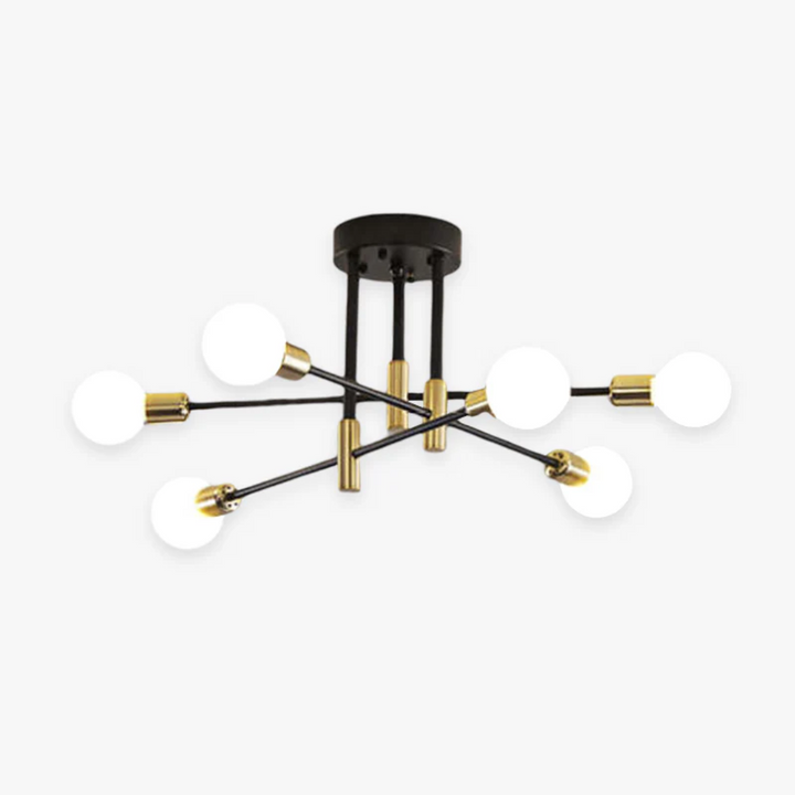 Modern LED ceiling light with six arms and white globe bulbs against a white background