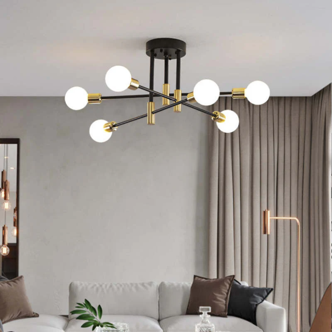 Contemporary ceiling light fixture viewed from a low angle interior perspective
