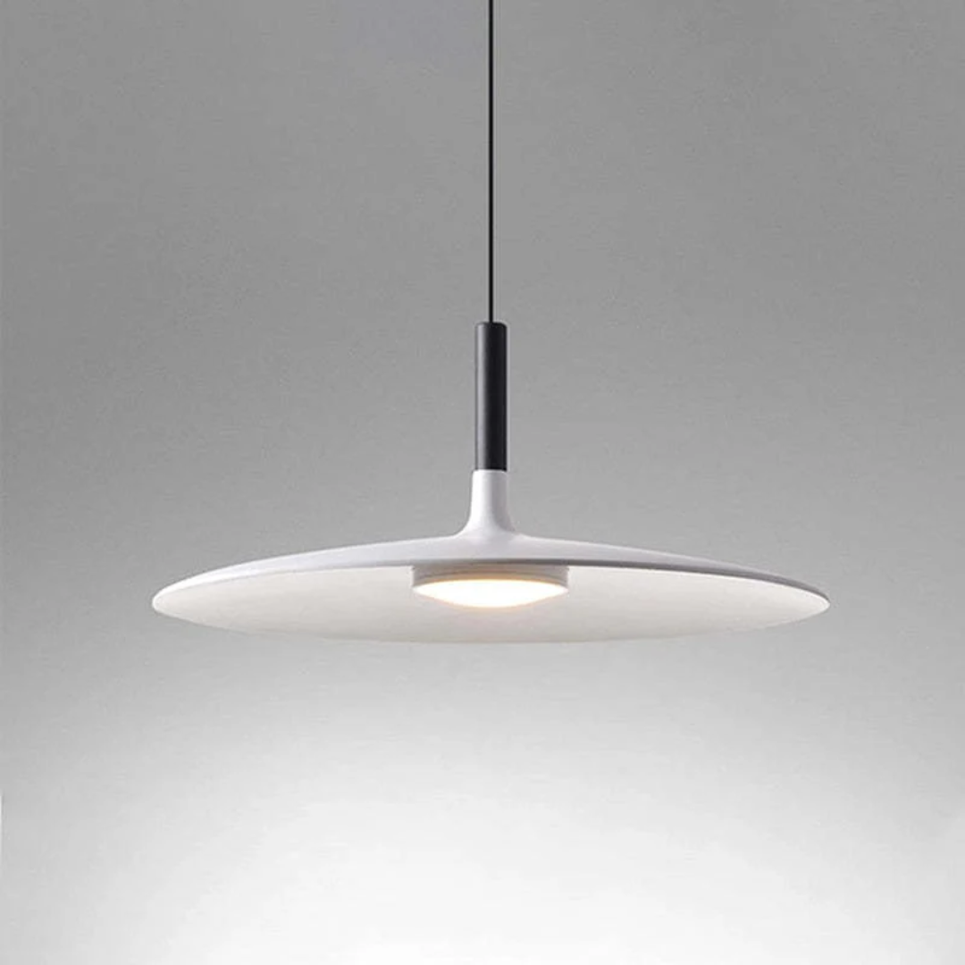 White modern LED pendant light showing the illuminated underside