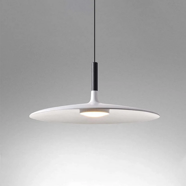 White modern LED pendant light showing the illuminated underside