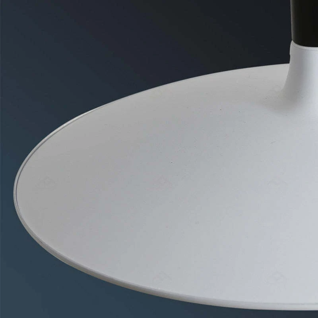 Energy-efficient LED pendant light fixture viewed from a low angle to highlight its geometric design.