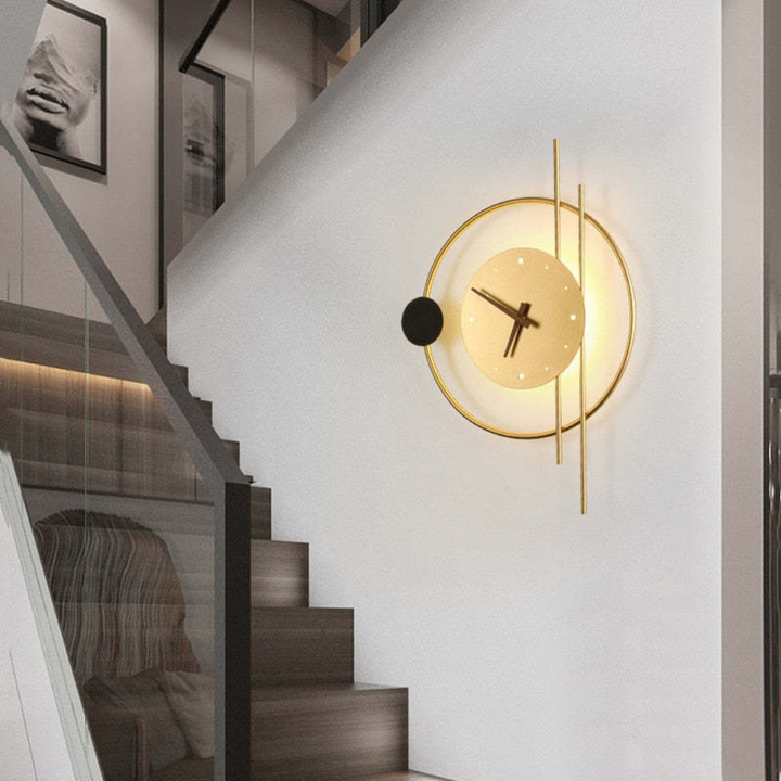 Modern LED wall clock lamp styled as chic home decor on a feature wall