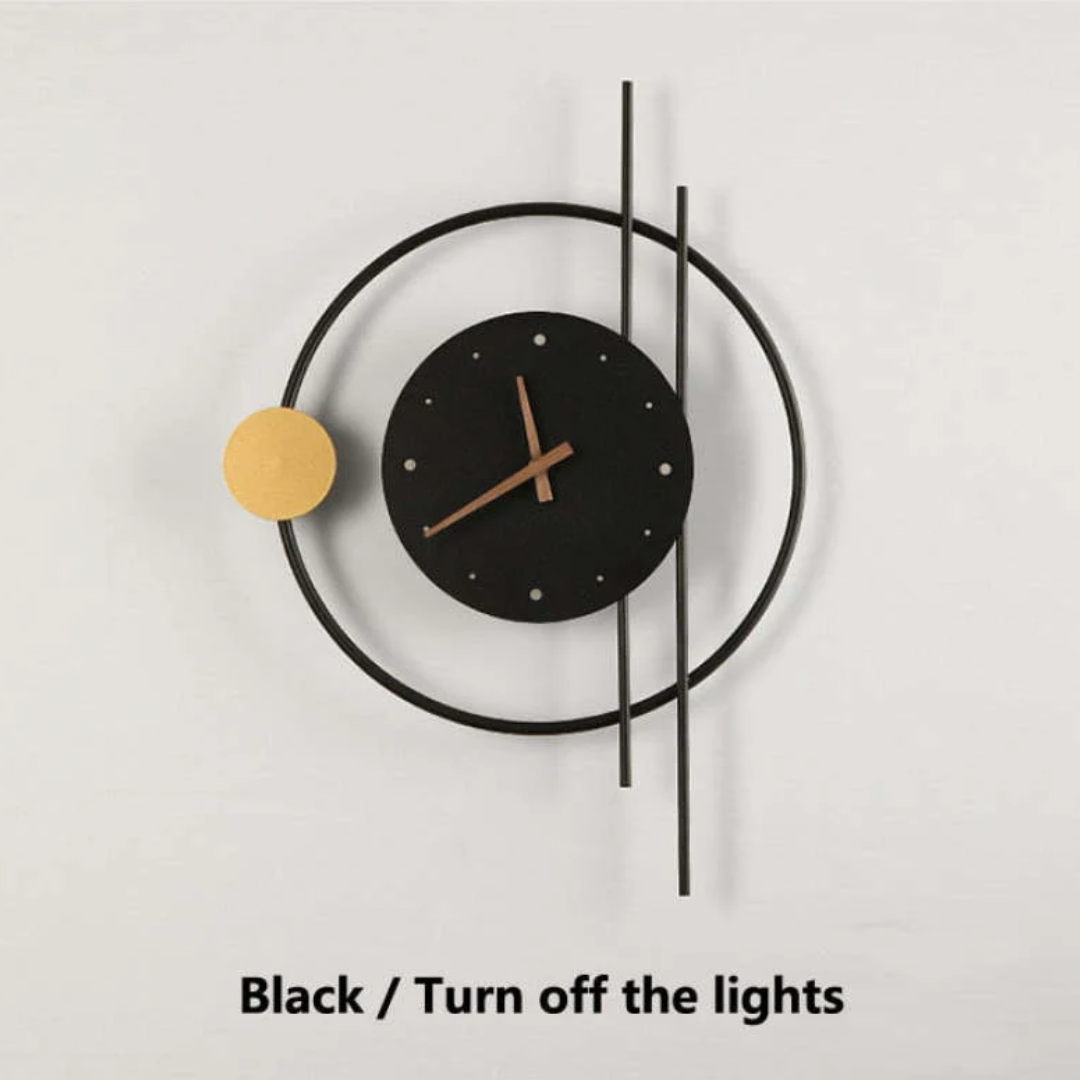 Close-up of the black Chronos LED wall clock lamp with lights turned off.