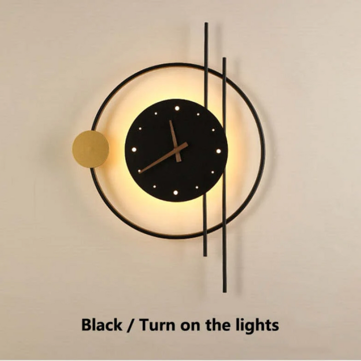 Modern LED wall clock lamp Chronos in black and gold design