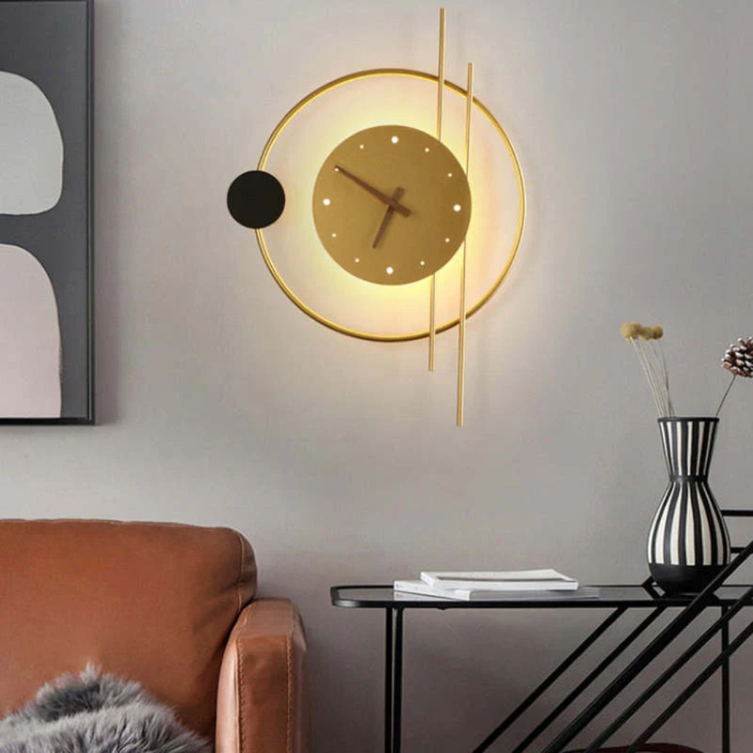 Detailed view of the LED lighting element on the modern wall clock