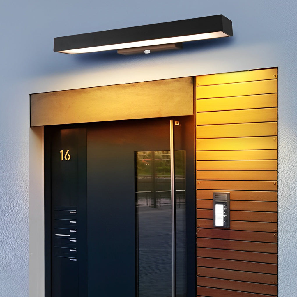 Exterior lighting fixture illuminated at night showcasing security motion sensor