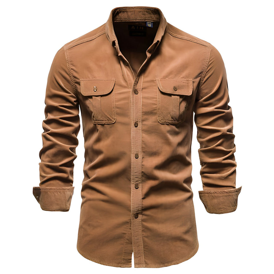 Brown men's long-sleeve casual shirt with button flap pockets