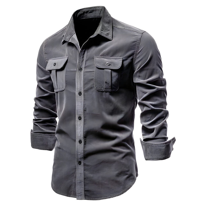 Dark grey men's long-sleeve button-down shirt with dual chest pockets