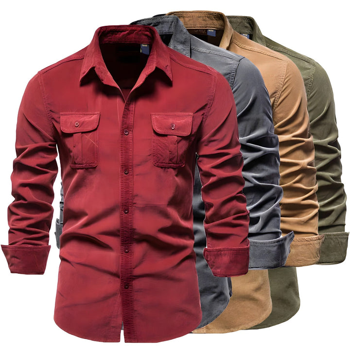 Group of men's long-sleeve casual shirts in red, grey, brown, and green
