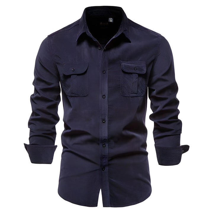 Collar and button detail of modern mens casual long-sleeve shirt