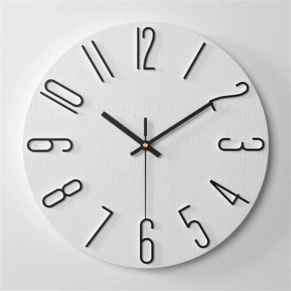 Minimalist white wall clock featuring bold black numerals and clean hands