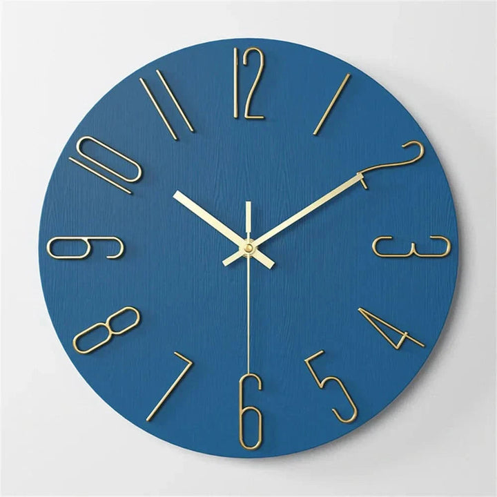 Vibrant blue wall clock with elegant gold 3D digits in a contemporary living space