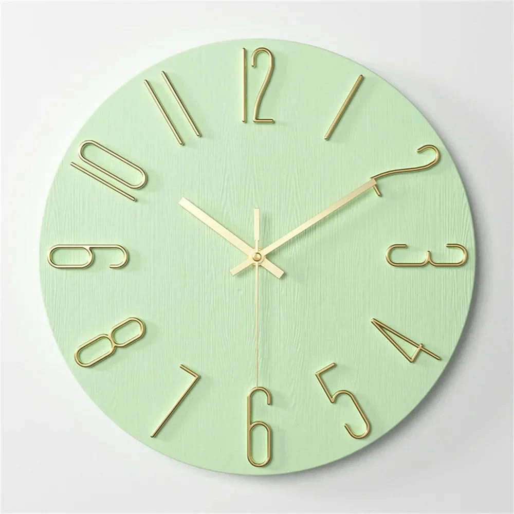 Close-up view of the 3D numerals and sleek hands on a minimalist wall clock