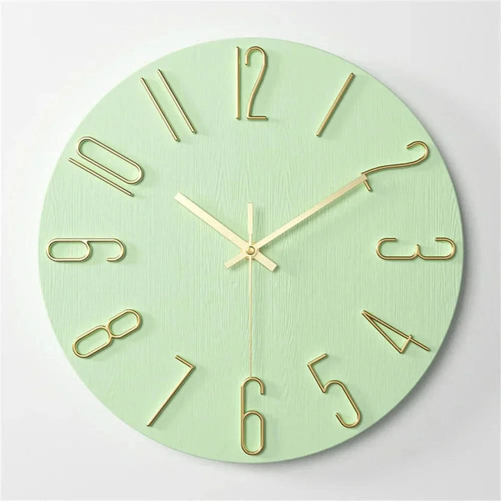 Close-up view of the 3D numerals and sleek hands on a minimalist wall clock